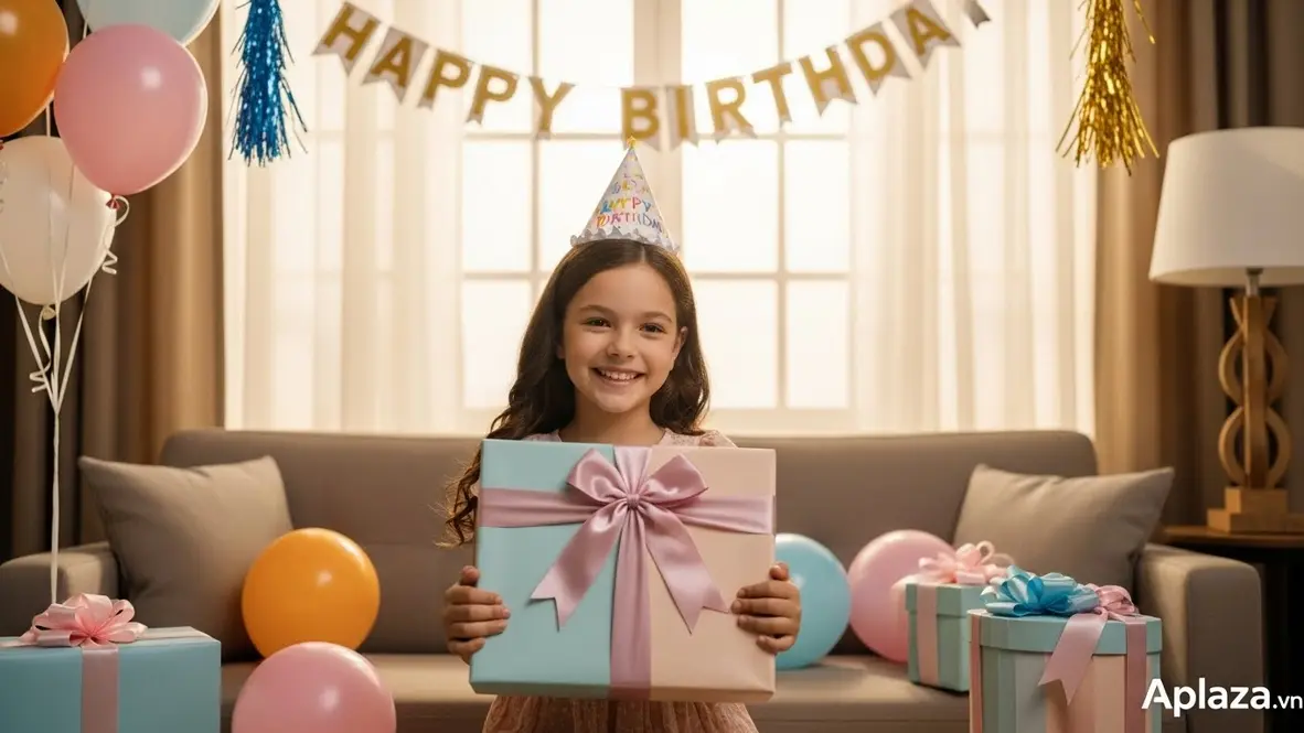 Bé gái 7 tuổi nâng hộp quà sinh nhật màu pastel trong phòng khách trang trí bóng bay, ánh sáng ấm, gợi ý mua quà sinh nhật cho bé gái 7 tuổi an toàn và đáng yêu.