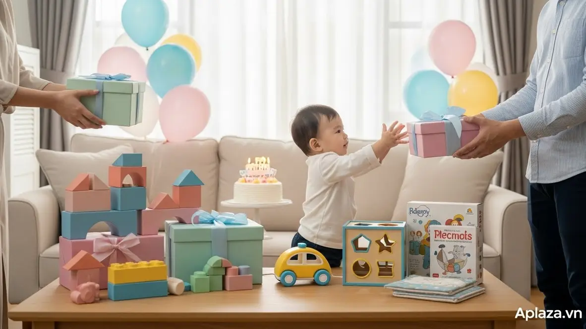 Bé trai 1 tuổi bên bánh sinh nhật và quà đồ chơi học tập an toàn, gợi ý mua quà sinh nhật cho bé trai 1 tuổi phù hợp phát triển