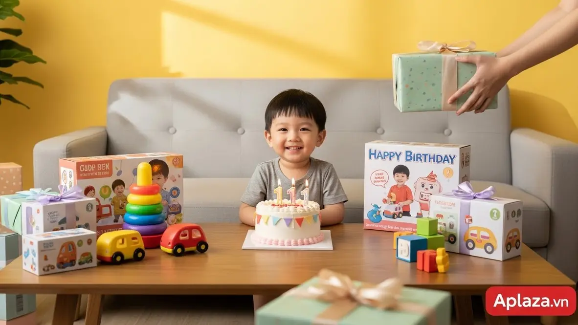 Cảnh bé trai 1 tuổi mỉm cười bên bánh sinh nhật, quà đồ chơi nhiều màu sắc và người lớn đang trao hộp quà — gợi ý mua quà sinh nhật cho bé trai 1 tuổi an toàn, ý nghĩa