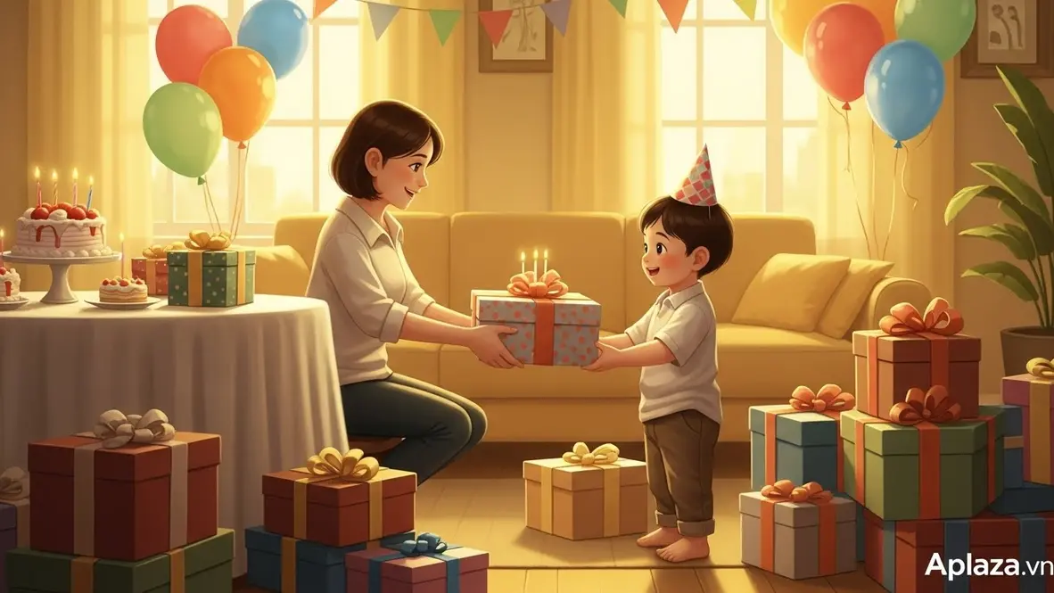 Bé trai một tuổi mỉm cười bên bánh sinh nhật, hộp quà đồ chơi đầy màu sắc và tay bố mẹ trao quà; khung cảnh gợi ý mua quà sinh nhật cho bé trai 1 tuổi, chú trọng kiểm tra chứng nhận an toàn và tận dụng miễn phí vận chuyển