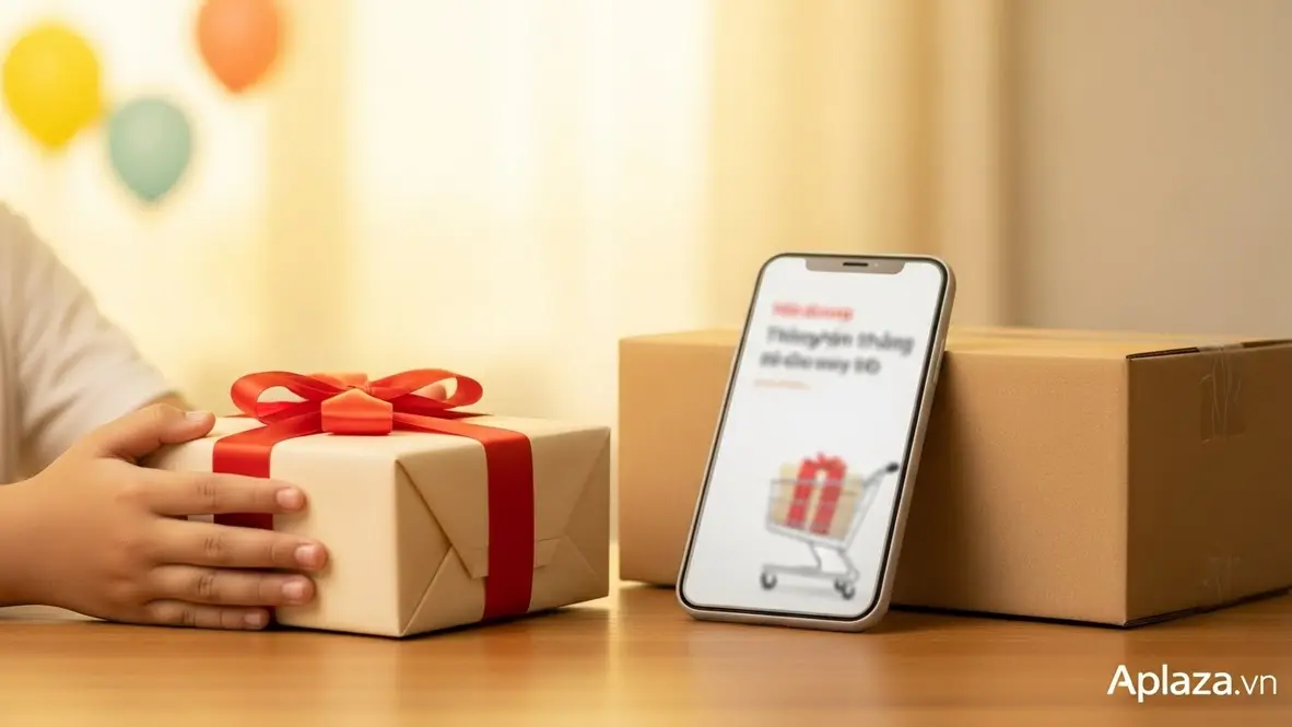 Đôi tay thiếu nhi nâng hộp quà sinh nhật bọc giấy màu sáng với nơ lớn, gợi cảm giác mua quà nhanh, an toàn và tiết kiệm cho bé trai 11 tuổi.