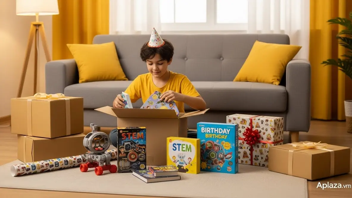 Bé trai 12 tuổi mở hộp quà sinh nhật, xung quanh là đồ chơi STEM và sách, ánh sáng ấm, gợi cảm hứng mua quà sinh nhật cho bé trai 12 tuổi qua kênh trực tuyến uy tín