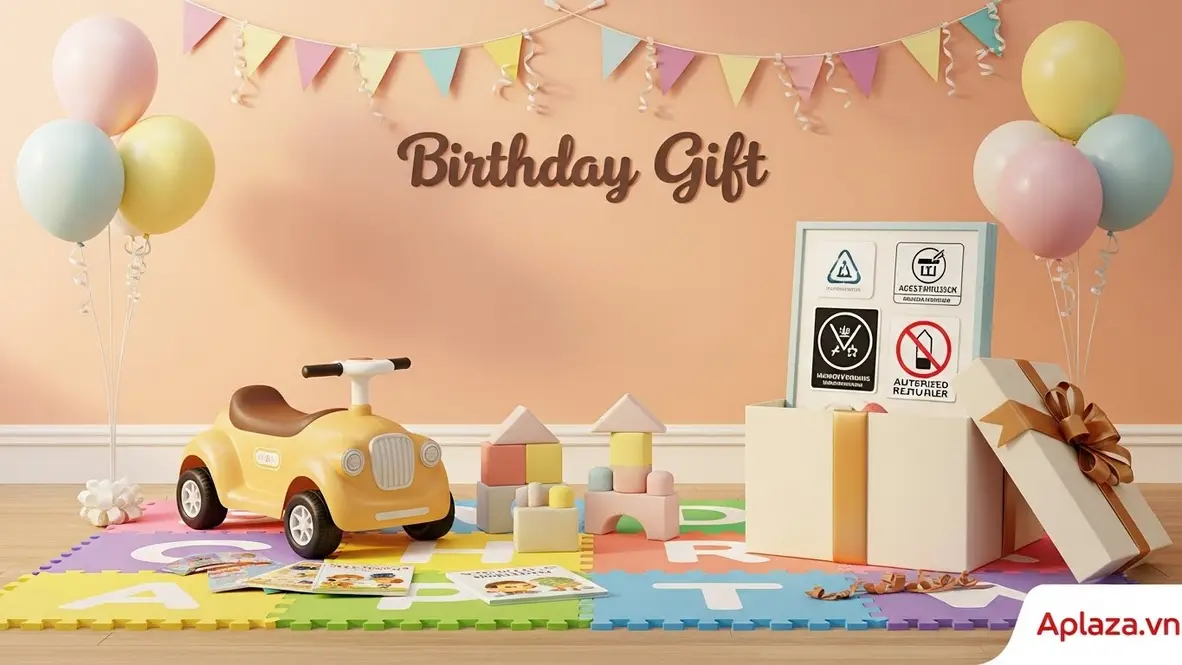 Góc bày quà sinh nhật cho bé trai 2 tuổi với đồ chơi an toàn, hộp quà có tem chứng nhận và thiệp chúc mừng, gợi ý mua từ gian hàng chính hãng và cửa hàng mẹ & bé uy tín