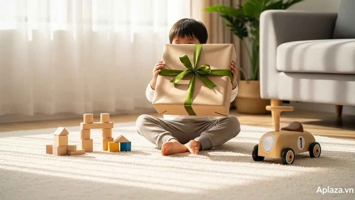 Bé 3 tuổi nâng hộp quà sinh nhật với vài món đồ chơi xung quanh, gợi ý mua quà sinh nhật cho bé trai 3 tuổi, tông màu ấm áp, nền sáng