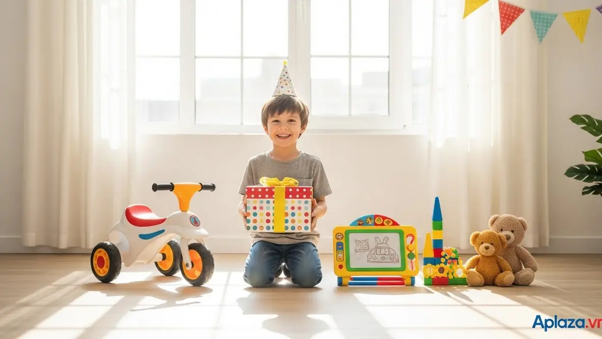Bé trai 4 tuổi cầm hộp quà nhiều màu, không gian sáng, xung quanh có xe chòi chân, bảng vẽ từ tính, bộ lắp ráp nam châm và thú bông, gợi ý mua quà sinh nhật cho bé trai 4 tuổi theo tính cách và sở thích