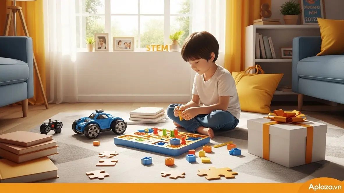 Cảnh mua quà sinh nhật cho bé trai 8 tuổi: đứa trẻ đang lắp ráp bộ đồ chơi sáng tạo bên cạnh hộp quà, ánh sáng ấm áp, nhấn mạnh quà an toàn và phù hợp lứa tuổi