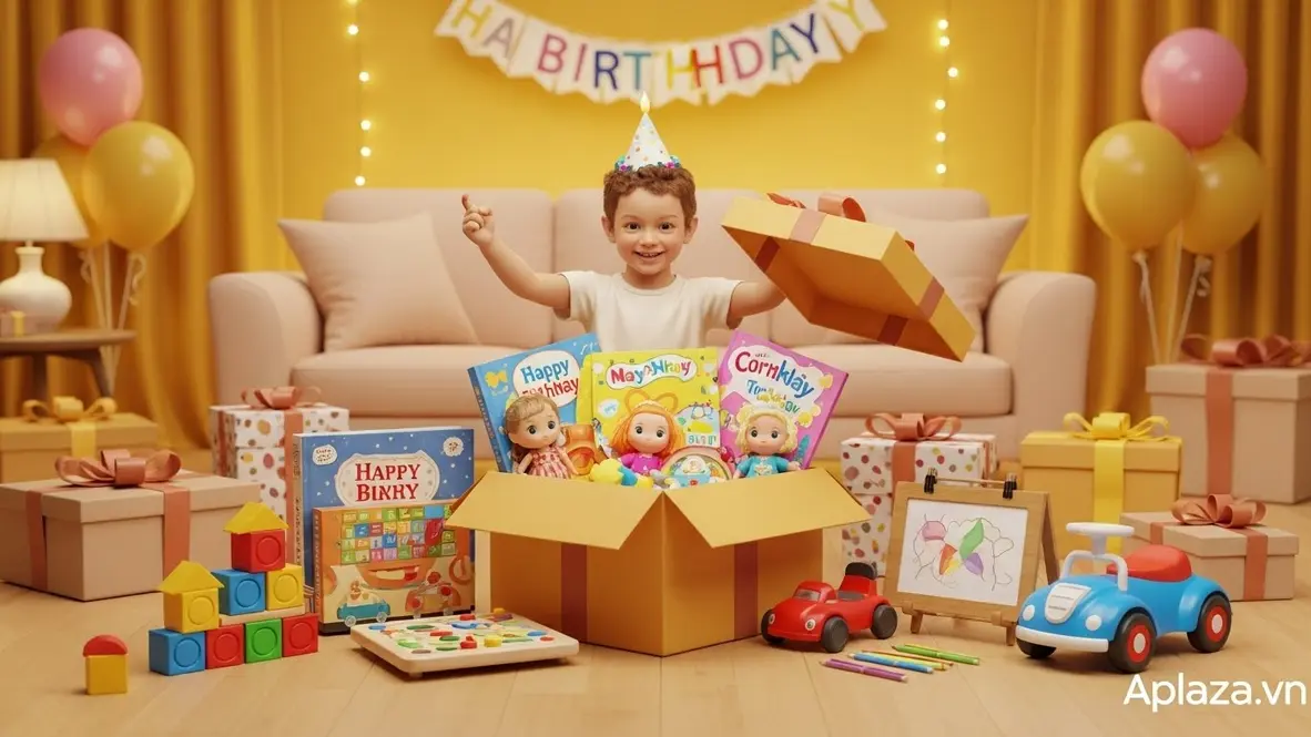 Hộp quà sinh nhật cho bé 5 tuổi được mở, lộ ra bộ xếp hình, sách tranh, búp bê, board game và đồ chơi ngoài trời, gợi ý chọn theo kỹ năng phát triển và sở thích.