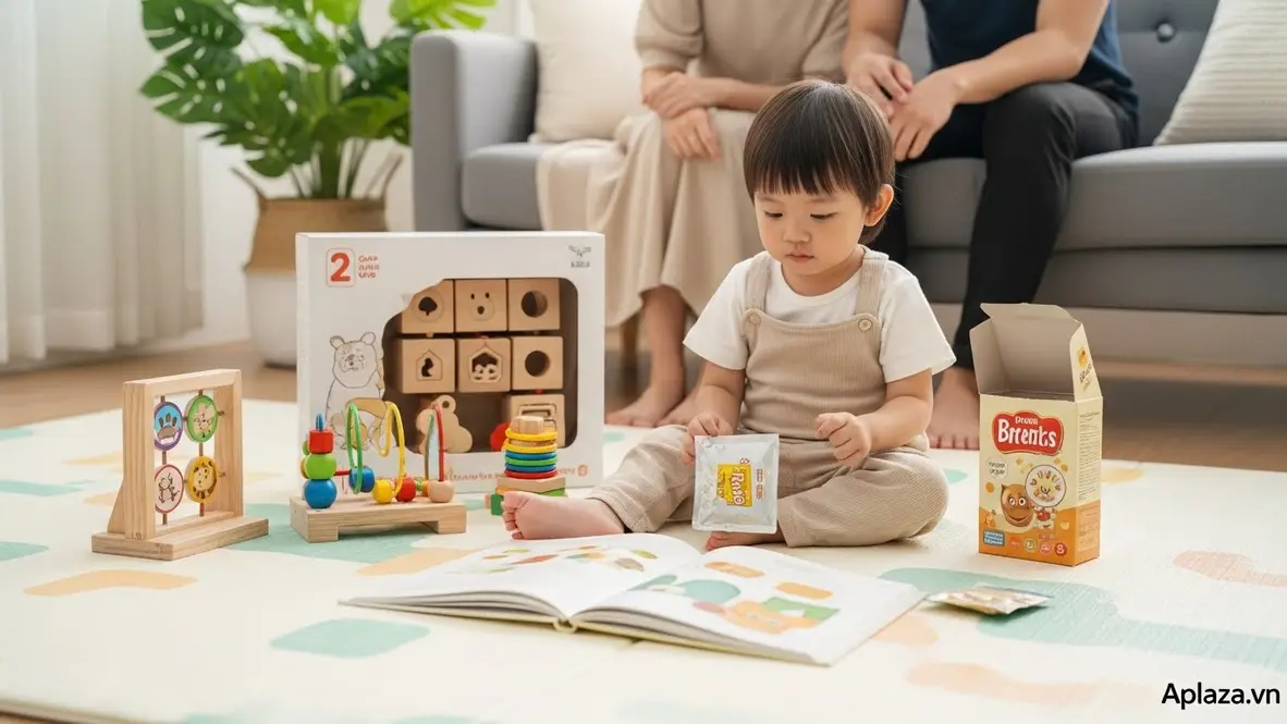 Góc phòng sáng với quà cho bé 2 tuổi: bé chơi đồ chơi giáo dục cạnh sách và hộp bánh ăn dặm, bố mẹ ngồi phía sau quan sát.