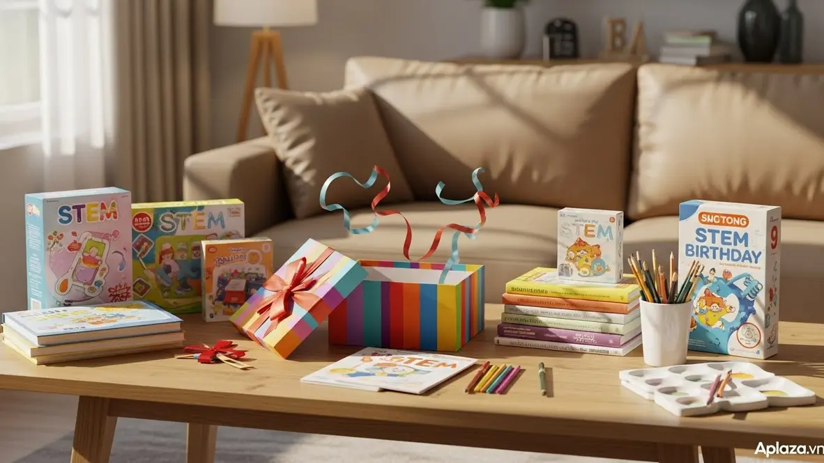 Hộp quà sinh nhật mở ra bên cạnh đồ chơi STEM, sách và bộ đồ sáng tạo dành cho bé 9 tuổi