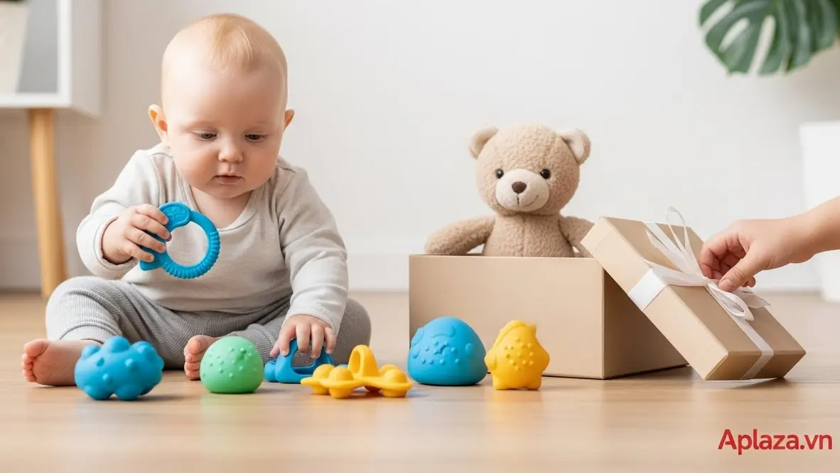 Cảnh đồ chơi xúc giác và thú nhồi bông bên cạnh hộp quà, ánh sáng ấm, minh họa quà cho bé 1 tuổi ưu tiên an toàn.
