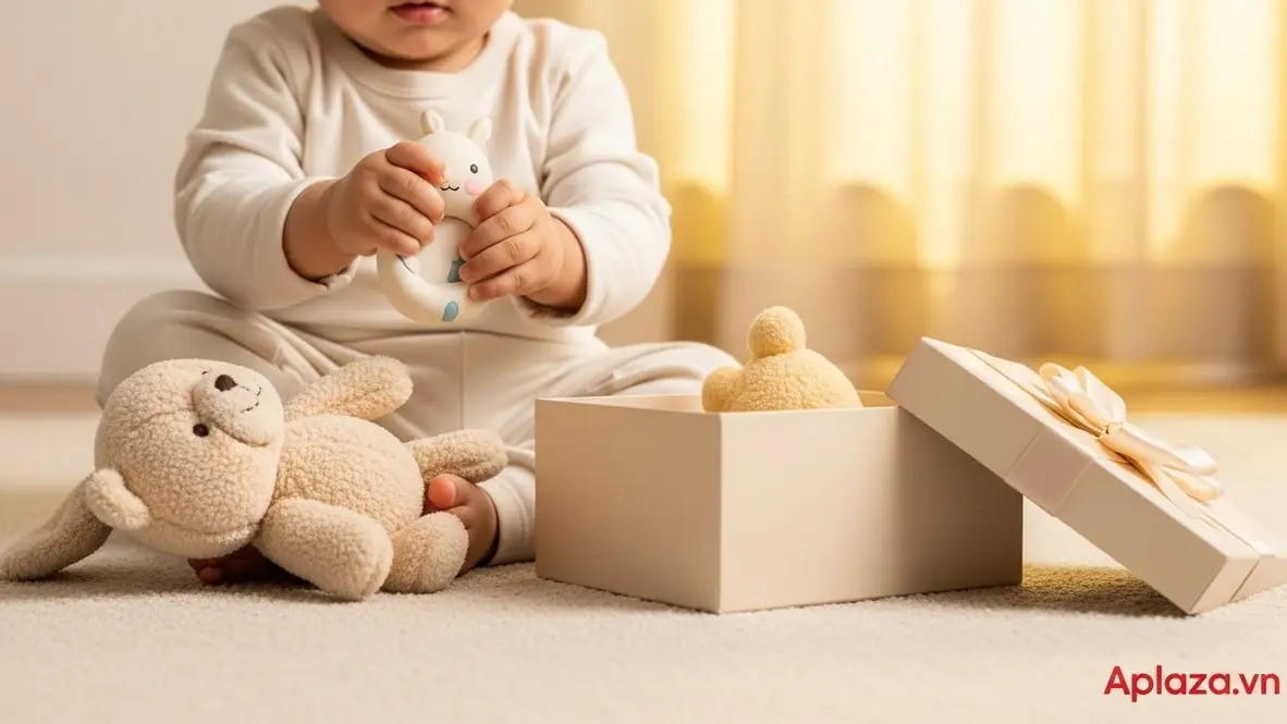 Bé 1 tuổi khám phá đồ chơi xúc giác cạnh hộp quà và thú nhồi bông trong ánh sáng ấm, nền sáng tối giản