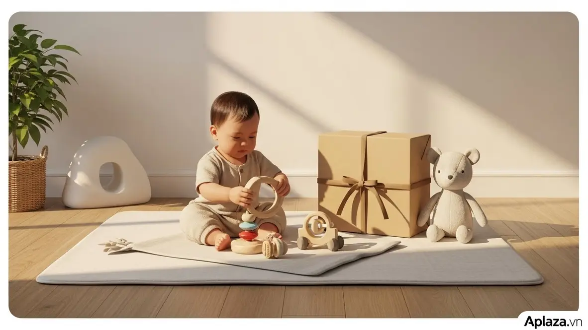 Cảnh quà cho bé 1 tuổi: bé chơi đồ chơi xúc giác bên cạnh hộp quà và thú nhồi bông trong ánh sáng ấm