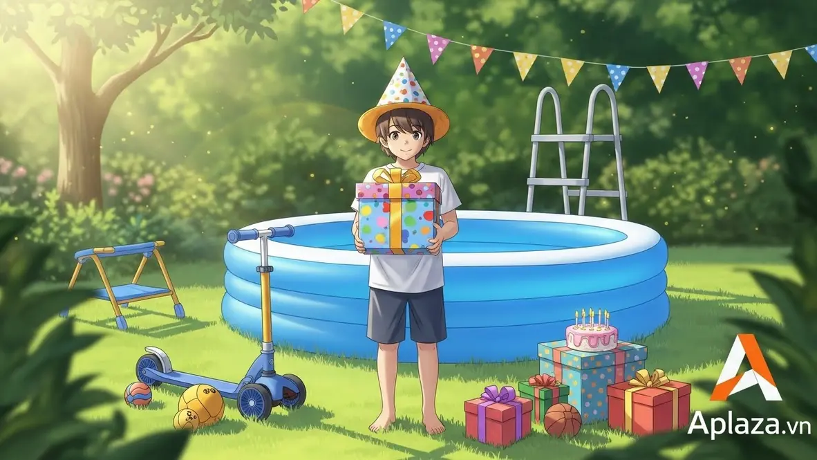 Bé 10 tuổi cầm hộp quà nhiều màu bên bể bơi phao, cạnh là scooter và hộp quà sinh nhật – gợi ý quà cho bé 10 tuổi