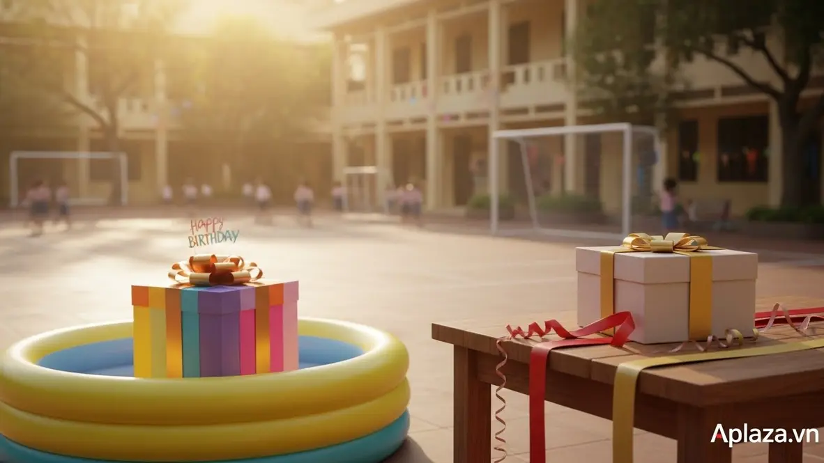 Bộ quà tặng cho bé 10 tuổi dịp 20/10 và 19/11, gồm hộp quà nhóm, voucher trải nghiệm và thiệp tri ân cô giáo, bày trên bàn lớp học với tông màu ấm dễ thương.