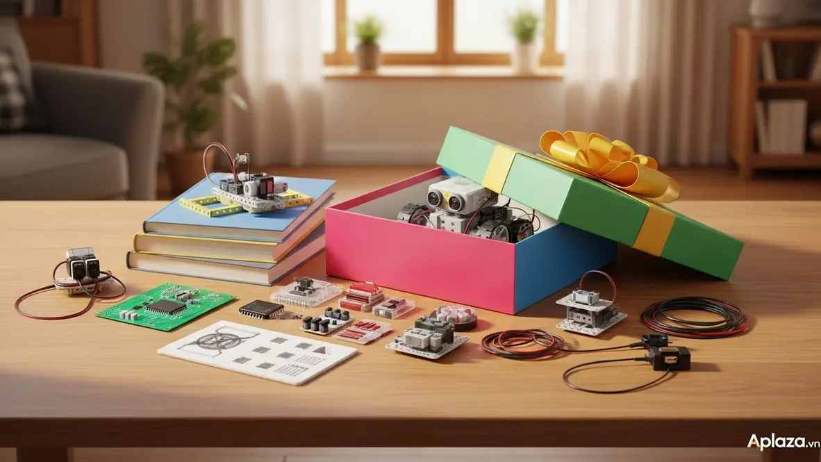 Cảnh quà cho bé 11 tuổi với hộp quà đang mở, bộ lắp ráp robot, sách khoa học và linh kiện STEM bày quanh trong ánh sáng ấm áp