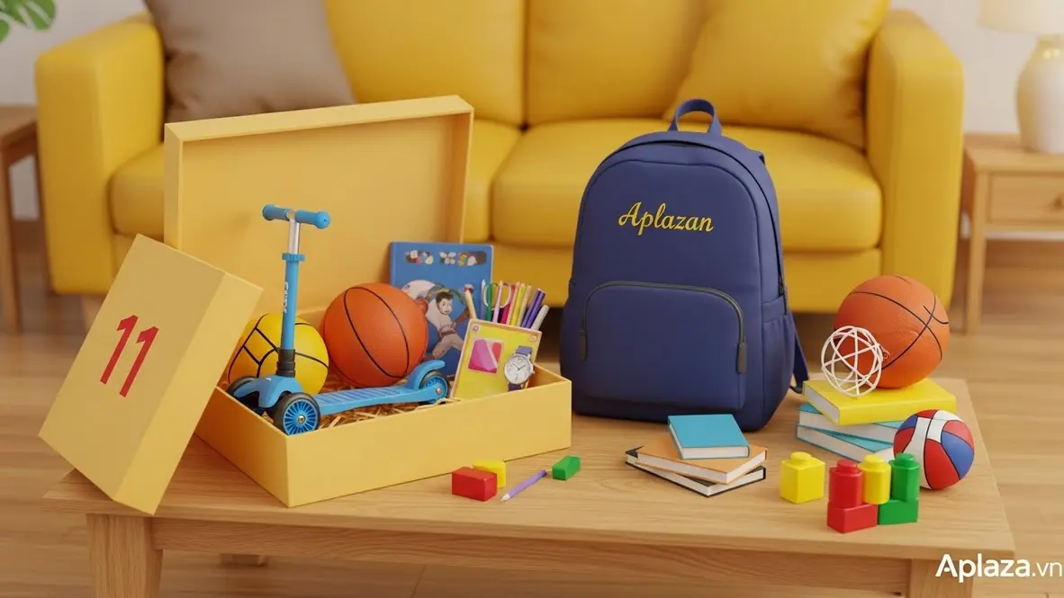 Quà cho bé 11 tuổi với xe đạp, ván trượt, bóng rổ mini, đồng hồ trẻ em, balo thêu tên và bộ dụng cụ học tập trong không gian ấm áp