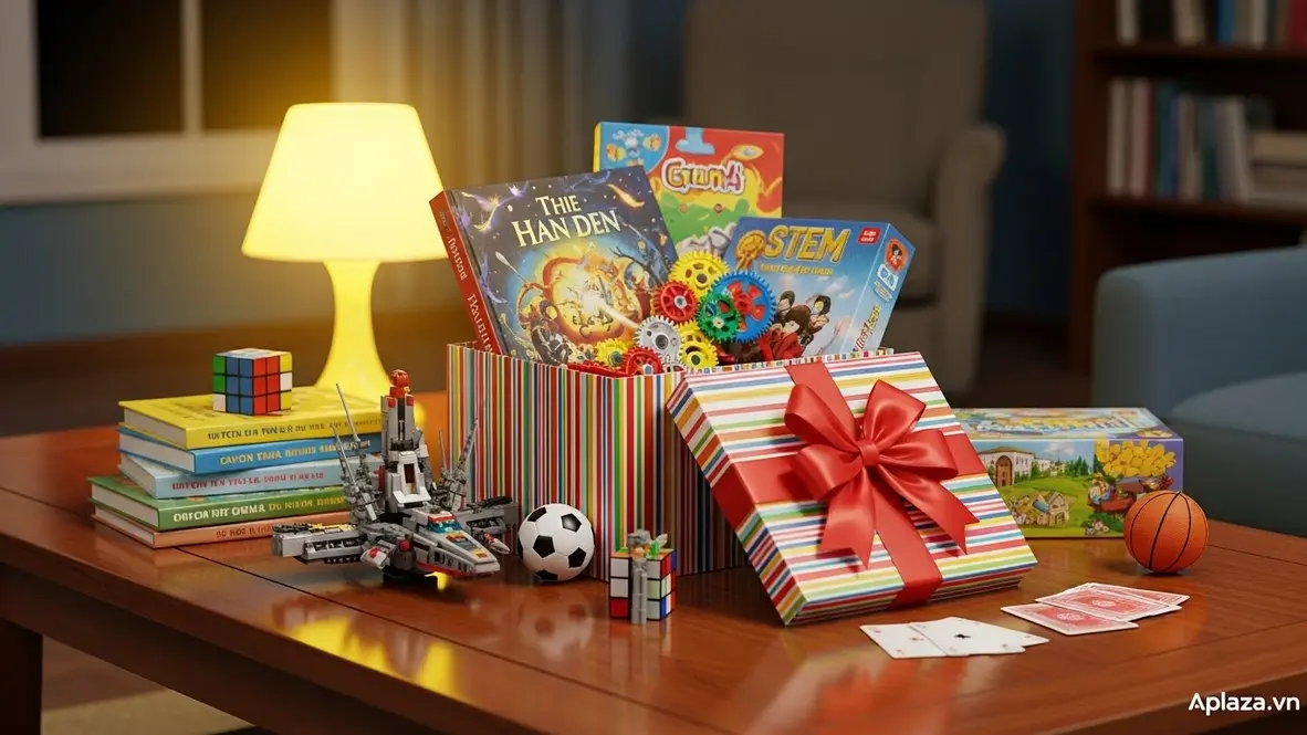 Hộp quà đang được mở với sách, bộ lắp ráp STEM, board game và phụ kiện thể thao xung quanh; ánh sáng ấm gợi cảm giác háo hức, gợi ý quà cho bé 11 tuổi