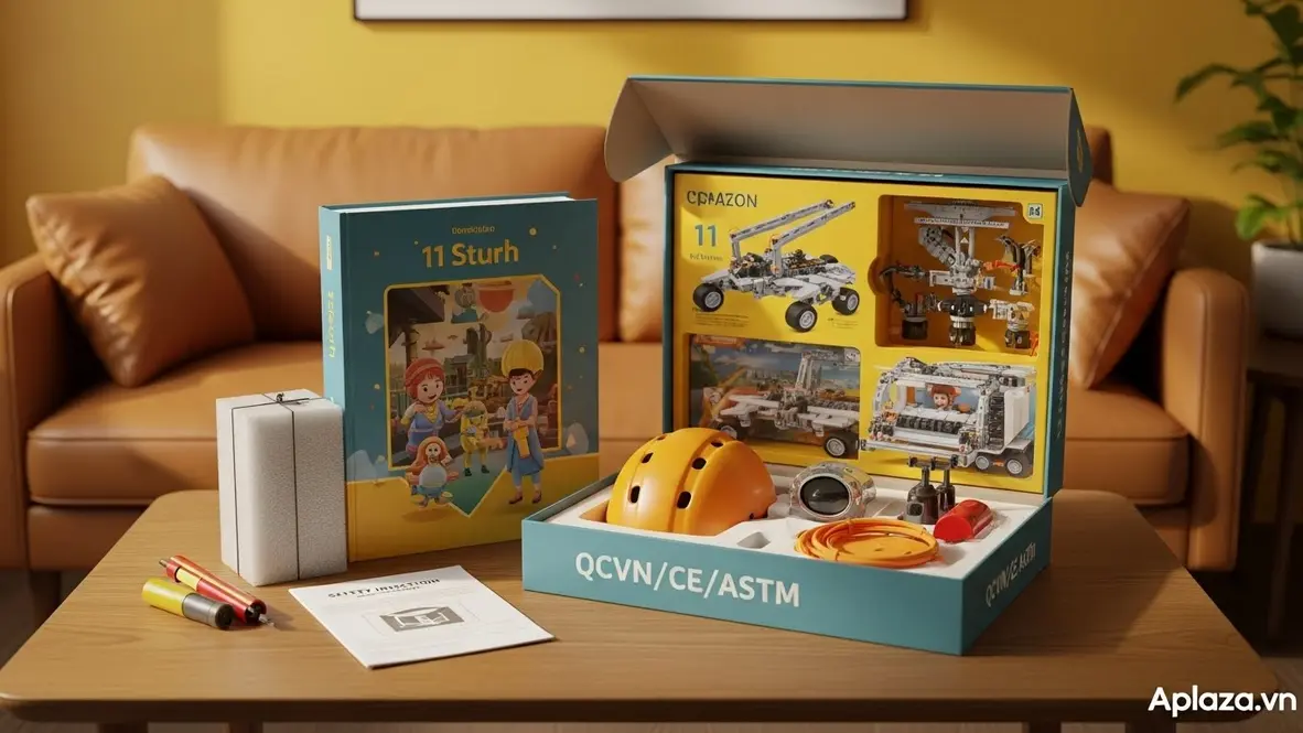 Hộp quà cho bé 11 tuổi đang mở với sách, bộ lắp ráp và phụ kiện xung quanh, ánh sáng ấm áp nhấn mạnh yếu tố an toàn và kiểm tra trước khi dùng