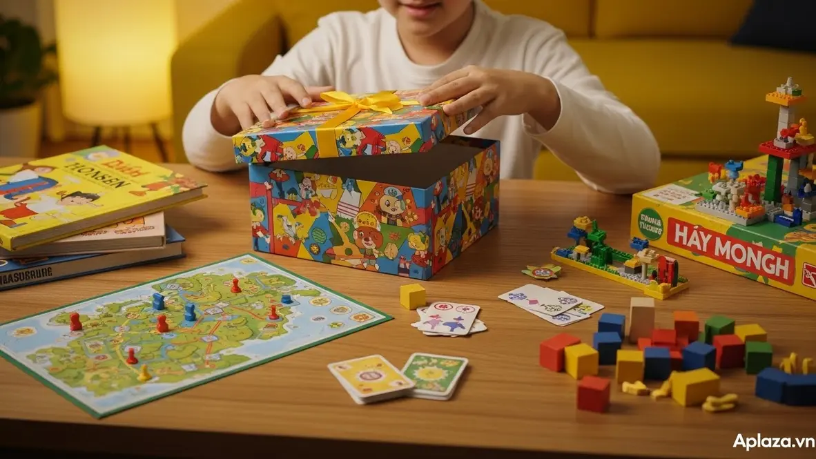 Quà cho bé 11 tuổi với sách thiếu nhi, board game và bộ lắp ráp trên bàn gỗ, hộp quà mở tỏa ánh sáng ấm áp trong không gian gia đình
