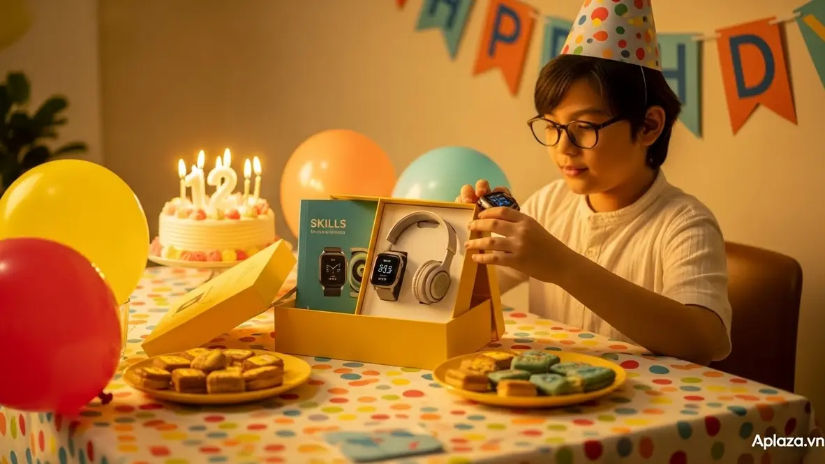 Quà cho bé 12 tuổi với đồ công nghệ nhỏ gồm tai nghe không dây, smartwatch trẻ em và đèn học thông minh bày trên bàn trong không khí sinh nhật ấm áp