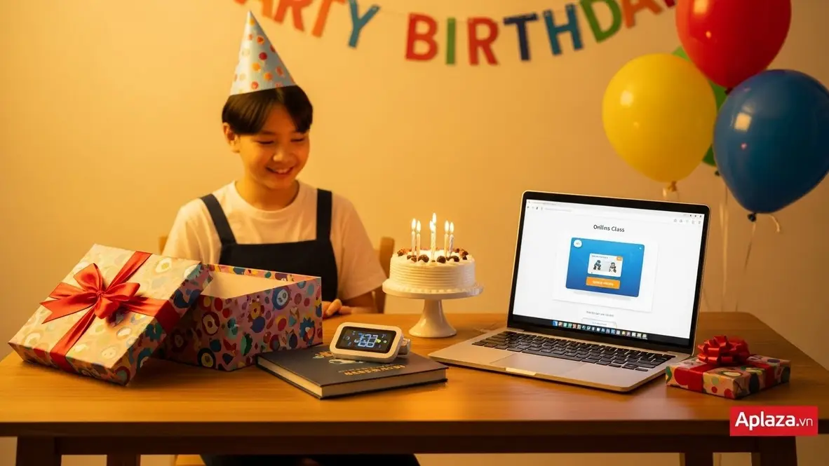 Bé 12 tuổi mở quà sinh nhật với thiết bị công nghệ nhỏ và sách kỹ năng, cạnh laptop hiển thị lớp học trực tuyến như một gợi ý quà cho bé 12 tuổi