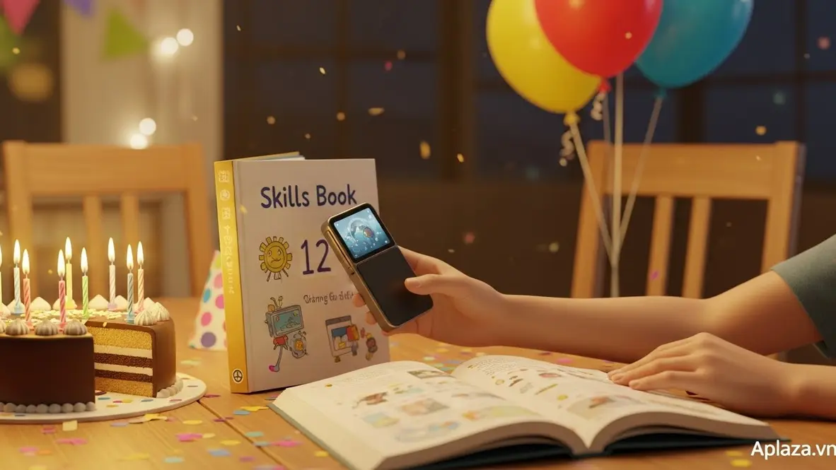 Quà cho bé 12 tuổi với sách kỹ năng và thiết bị công nghệ nhỏ trên bàn tiệc sinh nhật, ánh đèn ấm và không khí háo hức