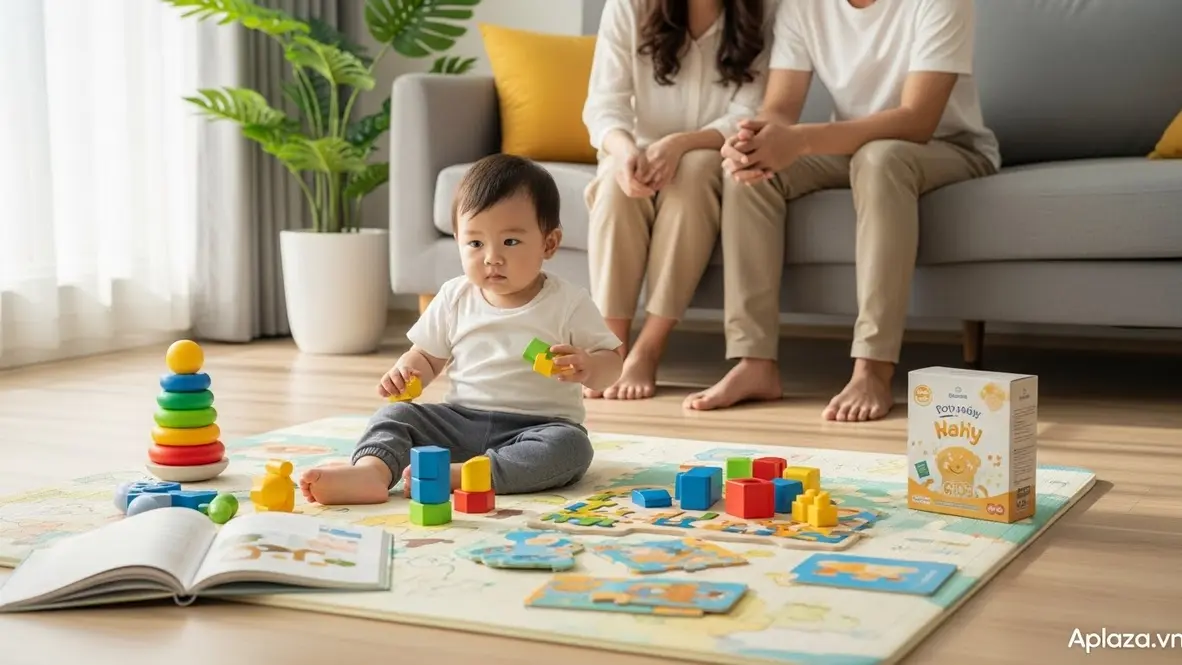 Bé 2 tuổi ngồi trên thảm chơi đồ chơi giáo dục cạnh sách và hộp bánh, bố mẹ quan sát nhẹ nhàng phía sau, gợi ý quà cho bé 2 tuổi an toàn và hữu ích