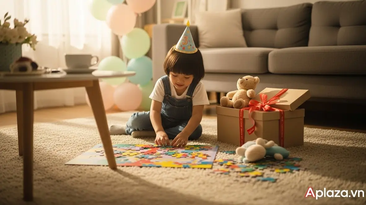 Bé 3 tuổi chơi bộ xếp hình nhiều màu bên cạnh hộp quà và thú nhồi bông trong không gian sinh nhật ấm áp