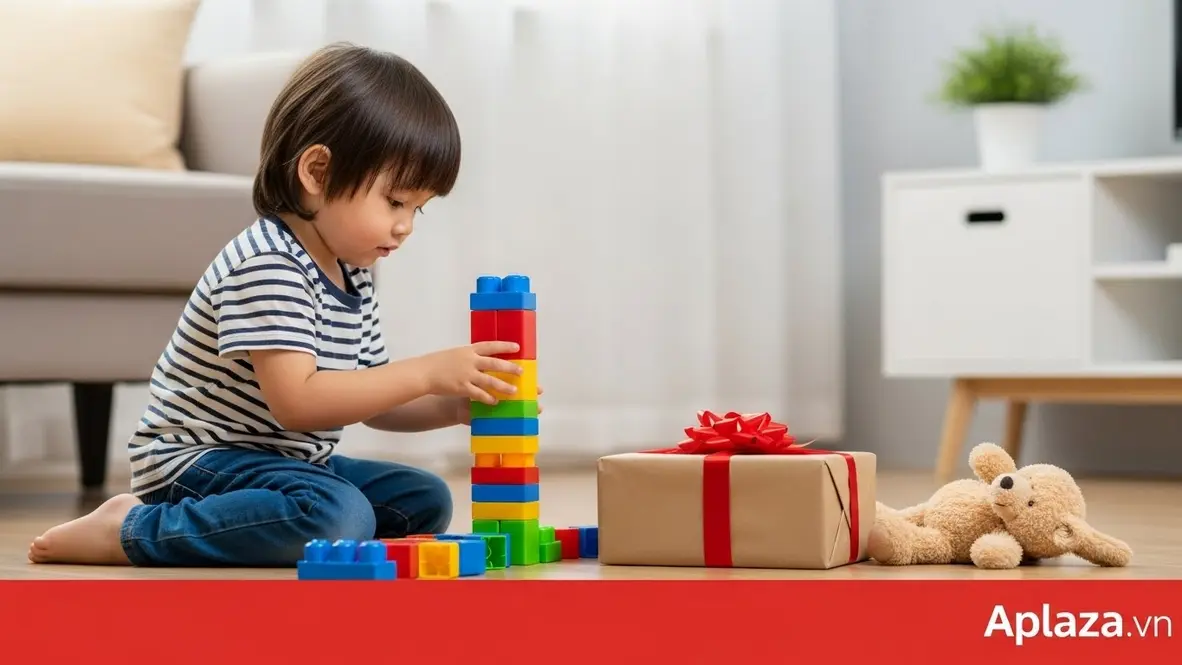 Quà cho bé 3 tuổi với bộ xếp hình màu sắc, hộp quà và thú nhồi bông trong không gian ấm áp, thể hiện tinh thần đồ chơi phát triển kỹ năng