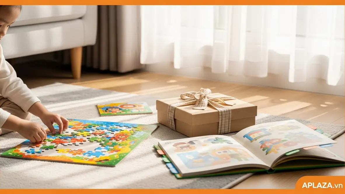 Quà cho bé 4 tuổi: bé chơi bộ xếp hình bên cạnh hộp quà gói sáng tạo và sách tương tác, gợi ý quà DIY an toàn