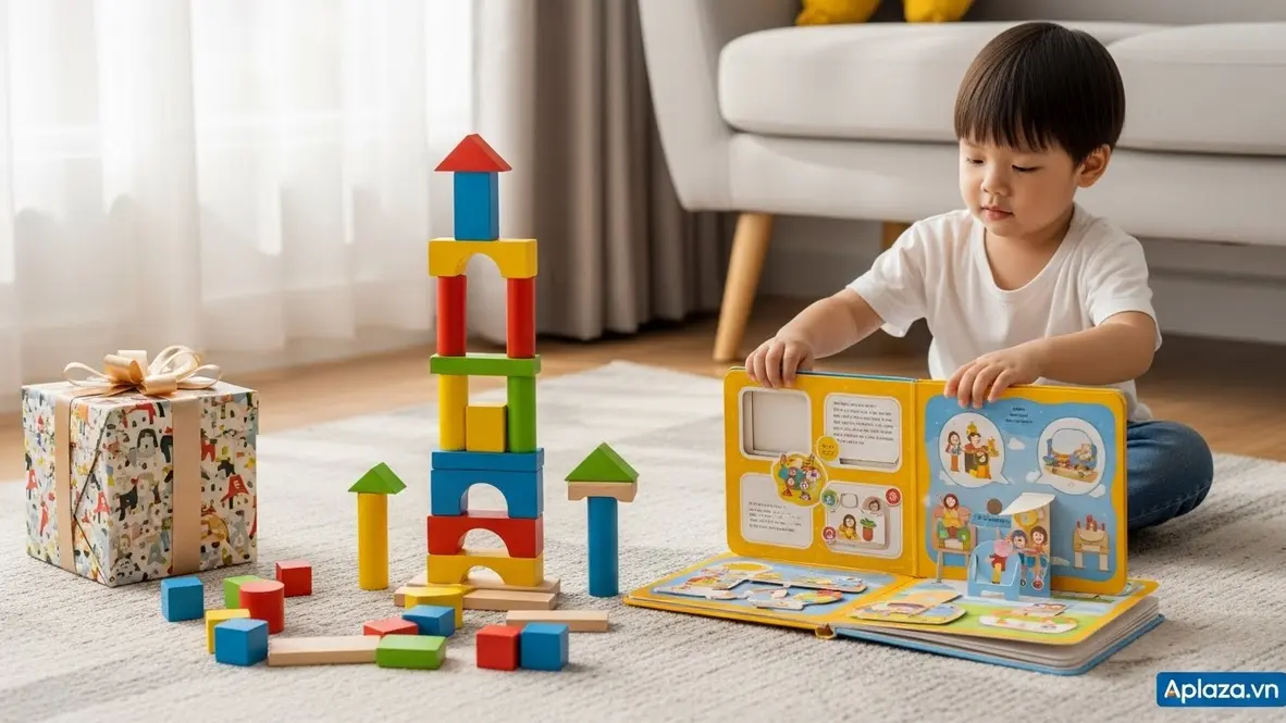 Sách tương tác và đồ chơi phát triển ngôn ngữ cạnh bộ xếp hình và hộp quà, phù hợp làm quà cho bé 4 tuổi