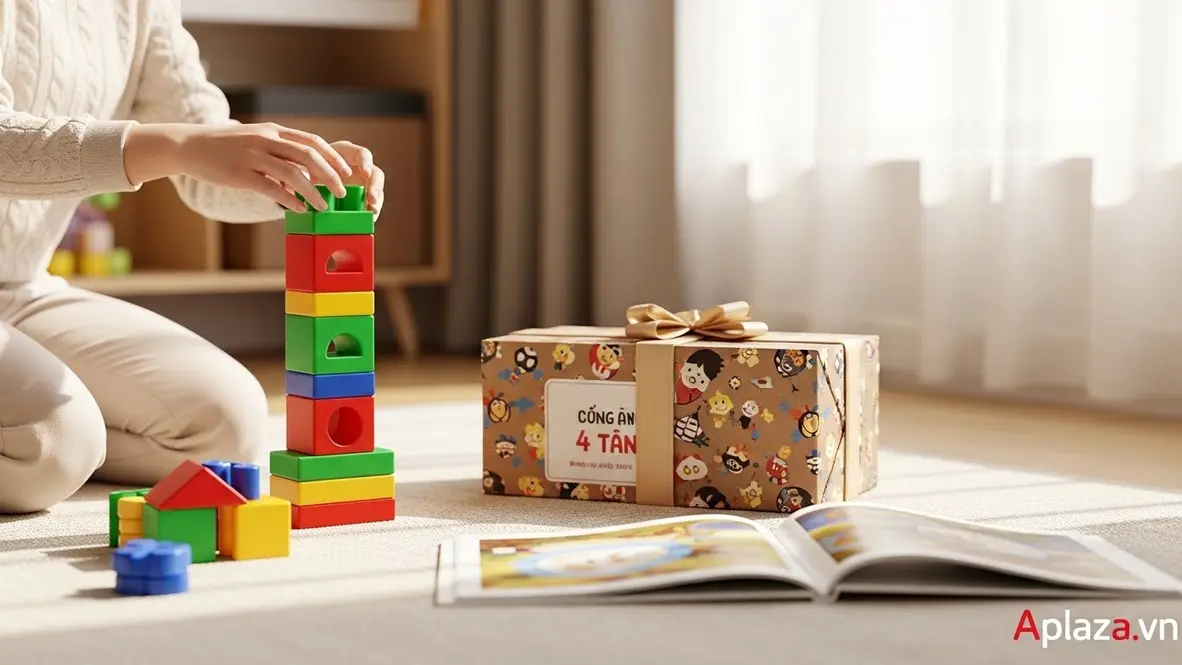 Bộ xếp hình nhiều màu, hộp quà cho bé 4 tuổi và sách tương tác trong phòng chơi sáng, gợi ý cân bằng vui chơi và phát triển kỹ năng.