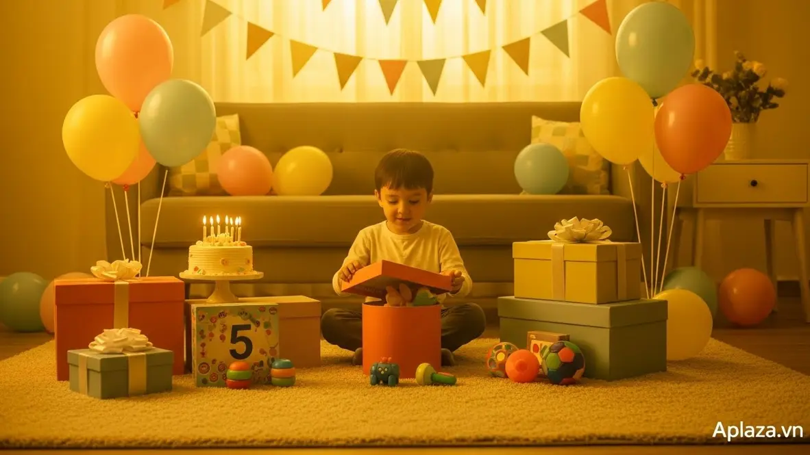 Bữa tiệc sinh nhật ấm áp với quà cho bé 5 tuổi, đồ chơi an toàn và hộp quà nhiều màu trong không gian trang trí bóng bay