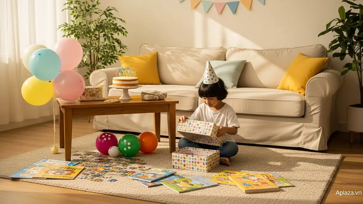 Bé 5 tuổi mở quà sinh nhật và chơi với đồ chơi xếp hình, sách tranh và bóng trong không gian gia đình ấm áp — quà cho bé 5 tuổi an toàn, phù hợp và khuyến khích kỹ năng.