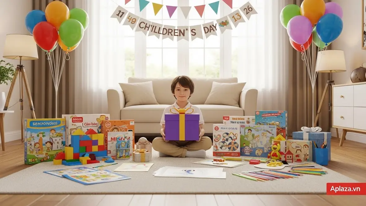 Cảnh quà cho bé 6 tuổi: một bé cầm hộp quà màu sắc giữa đồ chơi giáo dục và dụng cụ sáng tạo trong không khí 1/6 vui tươi