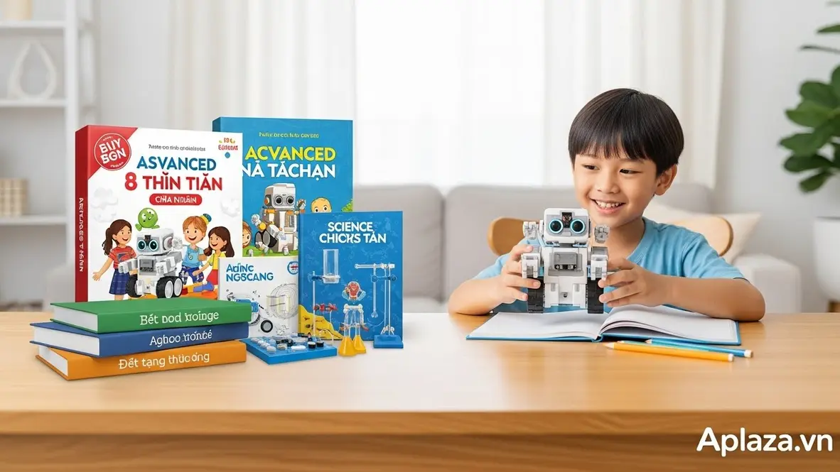 Bộ quà cho bé 8 tuổi với robot lập trình, sách nâng cao và bộ thí nghiệm khoa học đặt trên nền sáng, một bé đang cầm robot với không khí háo hức học mà chơi