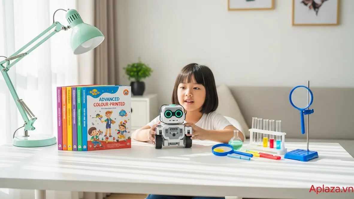 Bộ quà cho bé 8 tuổi gồm robot lập trình, sách nâng cao và bộ thí nghiệm bày trên bàn nền sáng, có một bé 8 tuổi cầm đồ chơi, không khí háo hức và gọn gàng.