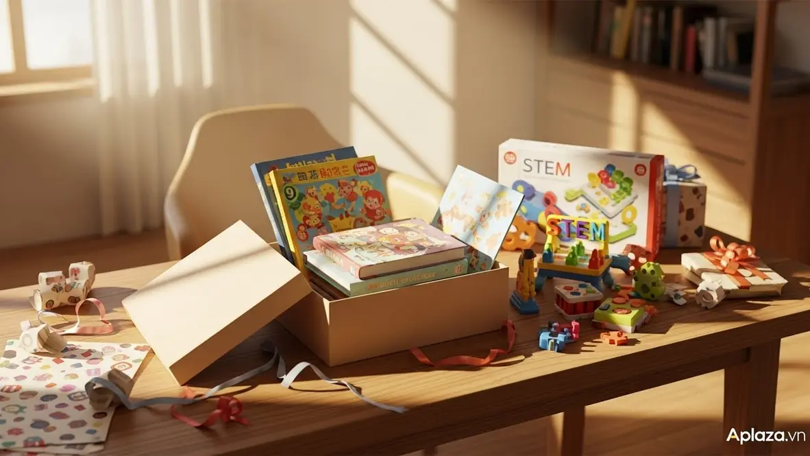 Bàn gỗ ngập ánh sáng với hộp quà đang mở, sách, bộ xếp hình và đồ chơi STEM đầy màu sắc – gợi ý quà cho bé 9 tuổi theo dịp