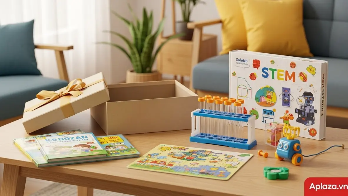 Bàn quà theo sở thích với sách, bộ xếp hình và đồ chơi STEM – gợi ý quà cho bé 9 tuổi