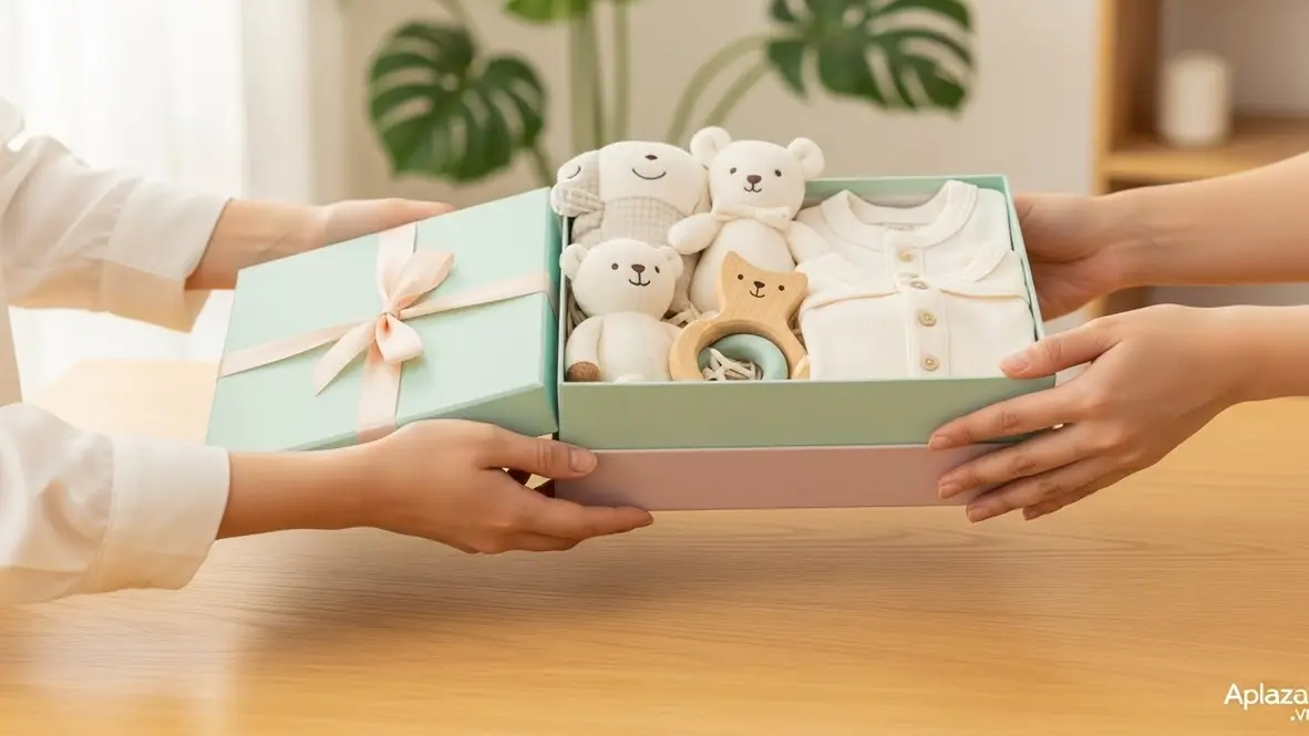 Quà cho bé an toàn trong hộp quà pastel, kèm đồ chơi và quần áo, gợi ý mua sắm theo ngân sách và nơi mua đáng tin