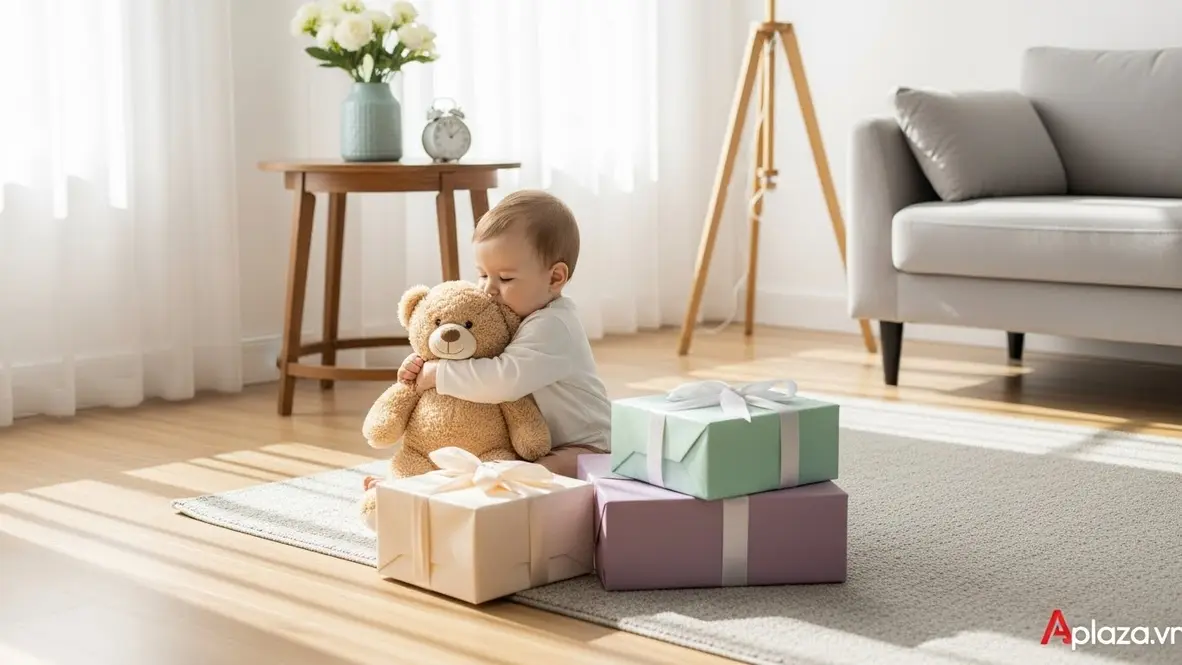 Bé gái 1 tuổi ôm gấu bông mềm trong phòng sáng, vài hộp quà gói giấy pastel bên cạnh, gợi ý quà cho bé gái 1 tuổi an toàn và dễ vệ sinh