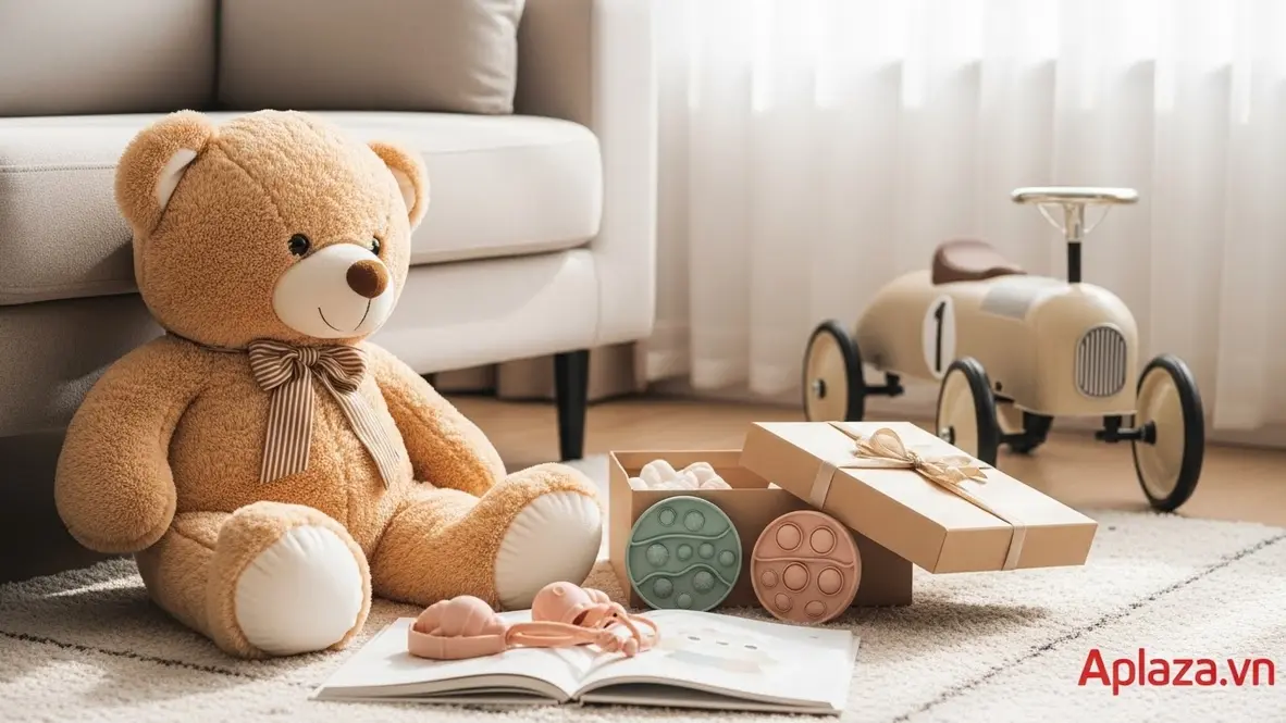 Bé gái 1 tuổi đang chơi với gấu bông mềm trên nền sáng, cạnh là sách vải, đồ chơi xúc giác bằng silicon và hộp quà mở nắp.