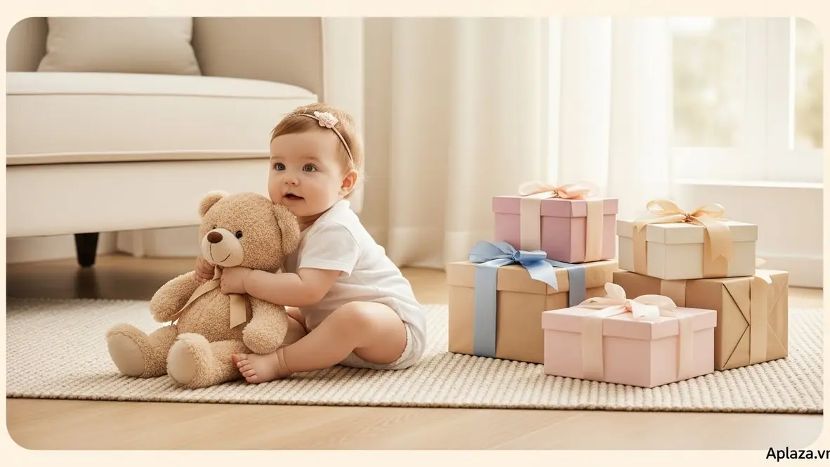 Bé gái 1 tuổi ôm gấu bông mềm trên tấm thảm sáng màu, cạnh là vài hộp quà nhỏ gọn, thể hiện quà cho bé gái 1 tuổi an toàn và hỗ trợ phát triển giác quan.