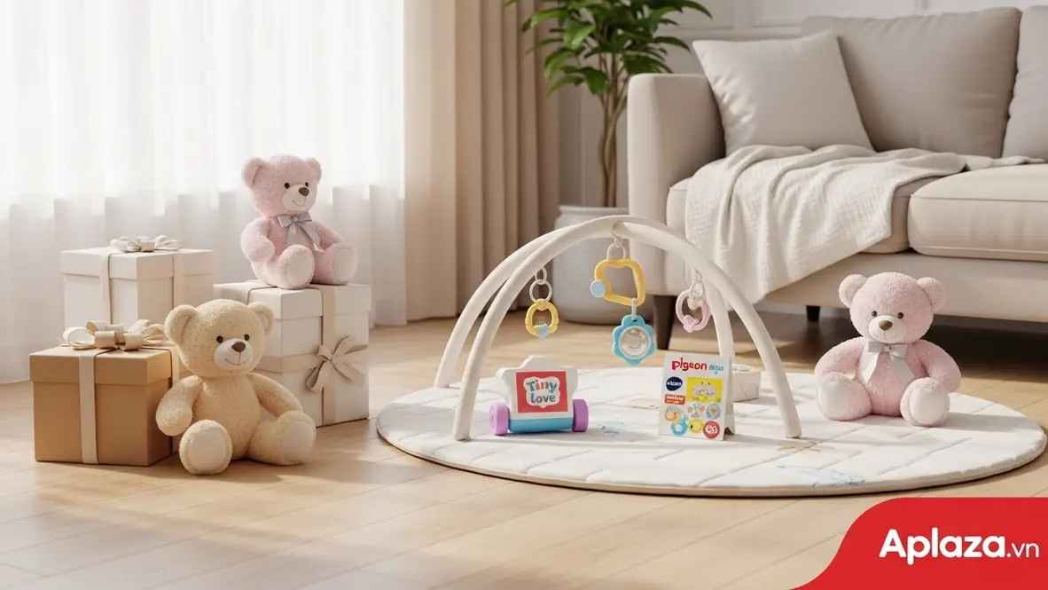 Quà cho bé gái 1 tuổi với gấu bông mềm và đồ chơi thương hiệu như Chicco, bối cảnh sáng và ấm áp
