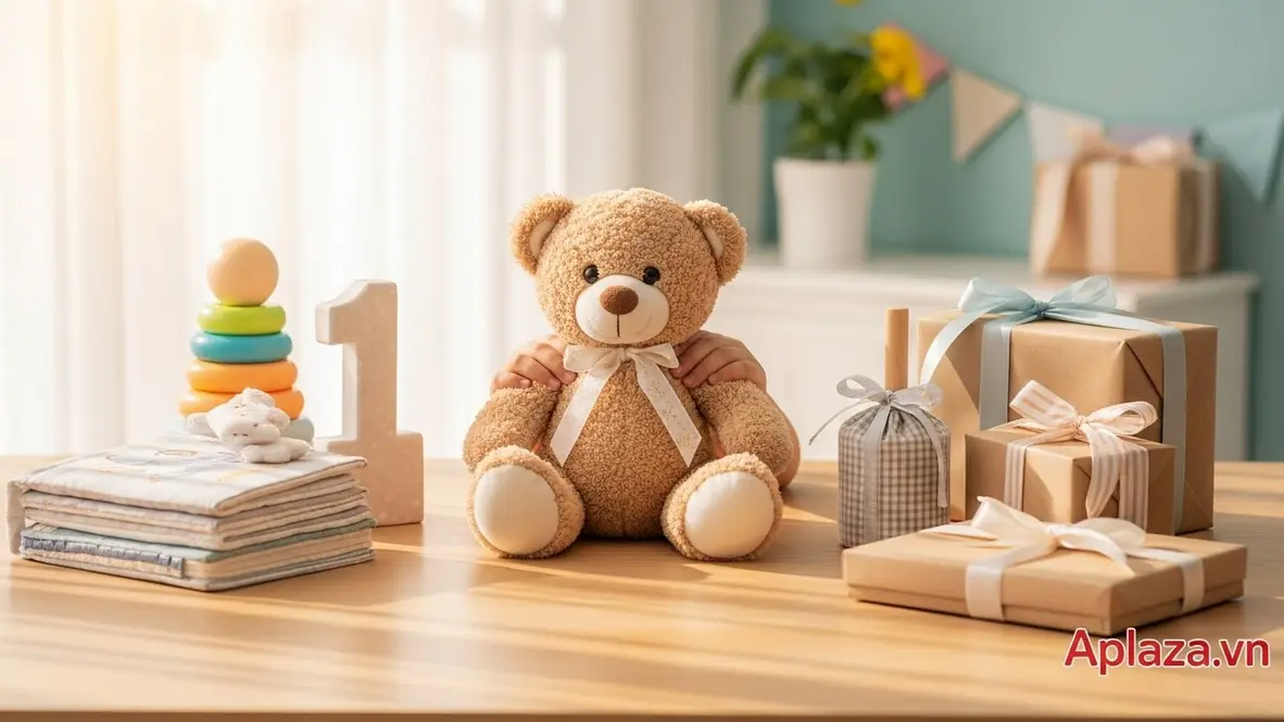 Góc phòng sáng với quà cho bé gái 1 tuổi: gấu bông mềm được ôm chơi, cạnh là hộp quà gói màu pastel gợi liên tưởng sinh nhật và Quốc tế Thiếu nhi, bày biện gọn gàng theo các mức ngân sách.