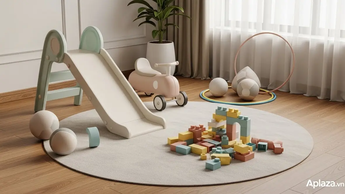 Phòng chơi sáng sủa với cầu trượt mini, xe chòi chân và bóng mềm — gợi ý quà cho bé gái 2 tuổi giúp phát triển vận động, có khối xếp lớn đặt trên thảm