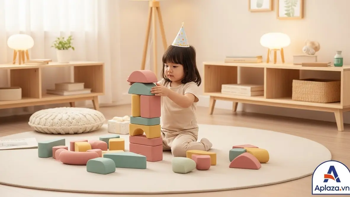 Bé gái 2 tuổi đang xếp khối màu tươi trên thảm chơi trong phòng sáng, gợi ý quà cho bé gái 2 tuổi an toàn và kích thích tư duy.