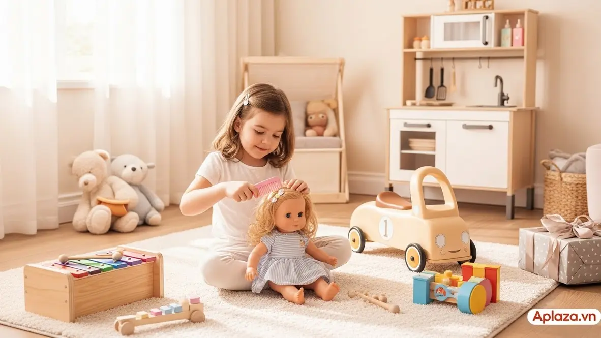 Bé gái 3 tuổi chải tóc cho búp bê bên cạnh đồ chơi tương tác như xylophone, xe chòi chân và bếp đồ chơi trong không gian sáng sủa, vui tươi