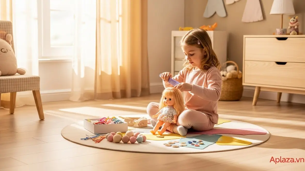 Bé gái 3 tuổi chải tóc cho búp bê trong phòng sáng, dùng lược nhỏ và kẹp tóc bên cạnh hộp phụ kiện, gợi ý quà cho bé gái 3 tuổi giúp rèn vận động tinh