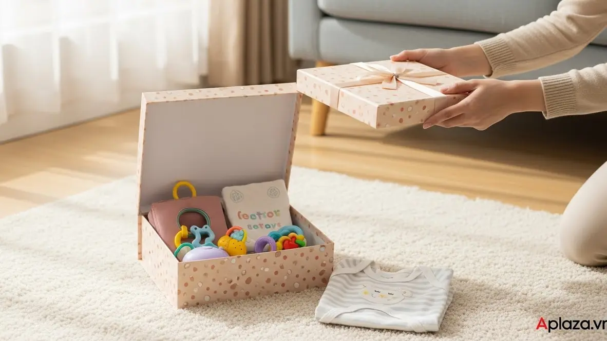 Cảnh đôi tay người lớn trao hộp quà màu pastel cho em bé, bên cạnh là đồ chơi giáo dục và quần áo nhỏ xinh trong phòng khách ấm áp, gợi đúng tinh thần quà cho bé an toàn và tinh tế